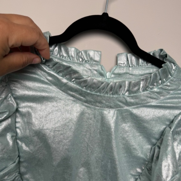 ASOS DESIGN Curve denim metallic dress with high neck and frill detail - Picture 8 of 12